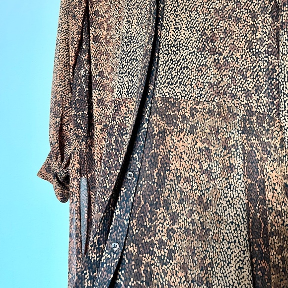 H&M Cuffed Sleeve Button-front Printed Brown Chiffon Midi Dress Sheer Size 6 - Picture 5 of 14